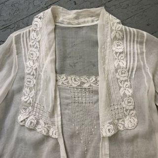Vintage Antique 1910’s 1920’s White Cotton Voile Blouse Floral Lace Trim 5