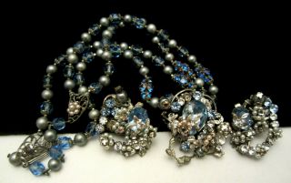 Rare Vintage Signed By Robert Blue Rhinestone Necklace & Earring Set