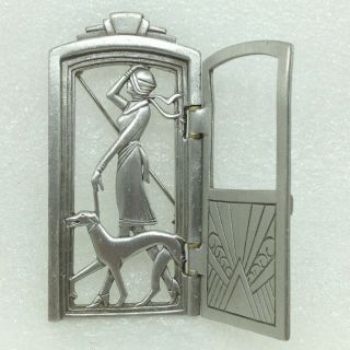 Signed Jj Vintage Chic Woman Greyhound Dog Brooch Pin Movable Door Opens Pewter