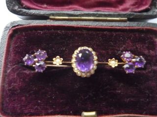 Quality Antique Edwardian 8ct Gold Brooch - With Seed Pearl And Amethyst Boxed