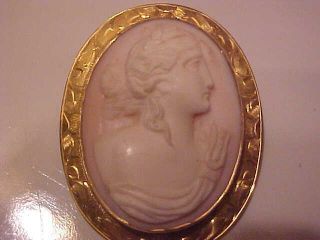 Antique Vintage Solid 10K Yellow Gold Victorian Carved Pink Cameo Pin Brooch 2
