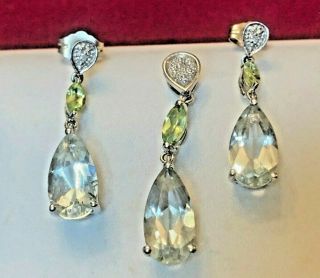 Vintage 10k Gold Aquamarine & Peridot Pendant & Earring Set Gemstone Necklace
