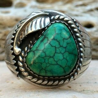Lrg Vintage Navajo Sterling Silver Green Spiderweb Turquoise Ring Sz 10 Old Pawn