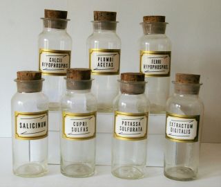7 Antique Vintage Hand - Blown Apothecary Bottles,  Cork Stoppers,  Latin Labels