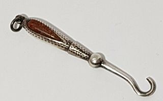Rare Victorian Miniature Moss Agate Silver Button Hook Pendant Fob Charm 2 " 1899