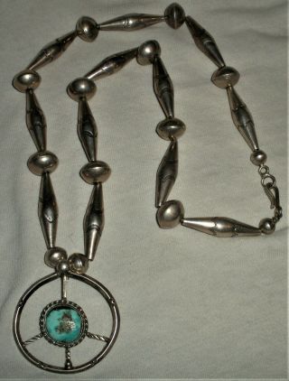 Vintage C.  1940 - 50 Navajo Sterling Silver Turquoise Peace Sign Bead Necklace Vafo