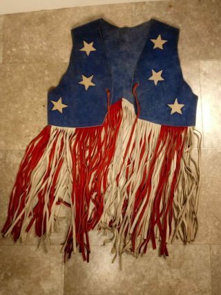 Vtg Patriot American Flag Leather Vest Jacket W/ Tassels Fringe Hippie