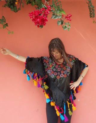 Maya Guatemalan Vintage Multi Color Hand Beaded Floral Huipil Poncho