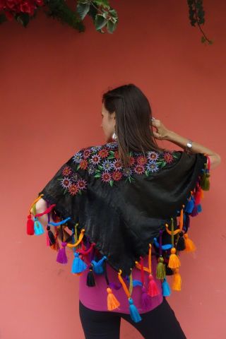 Maya Guatemalan Vintage Multi Color Hand Beaded Floral Huipil Poncho 2