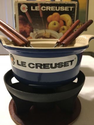 Vintage Le Creuset Blue Fondue Set Chocolate Pot 14 Enamel Cast Iron France Nib