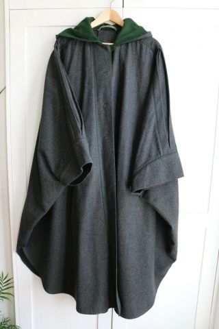 Vintage Women ' s Austrian TYROLER LODEN Coat PONCHO Cape Grey Green Wool 12 / 42 7