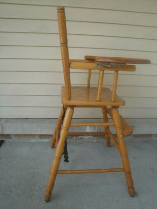 Wood Child ' s High Chair Oak with Sliding Tray Vintage 2