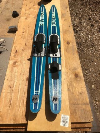 Rare Blue Vintage Riviera Wooden Skis W Supple Bindings W/ Rooster Tail Skags