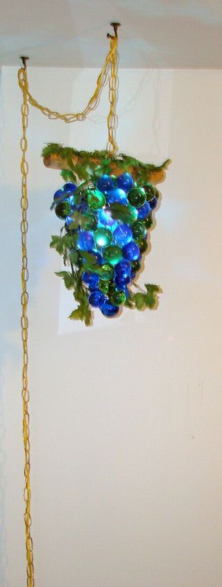 Vtg Large 60s Blue & Green Lucite Acrylic Grape Cluster Retro Swag Hanging Lamp 3
