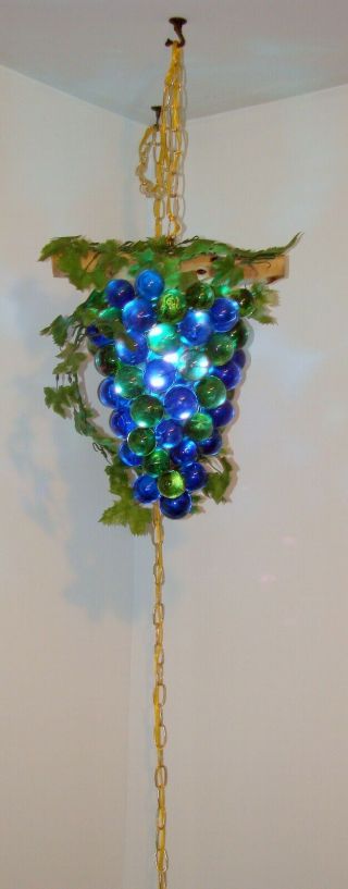 Vtg Large 60s Blue & Green Lucite Acrylic Grape Cluster Retro Swag Hanging Lamp 4
