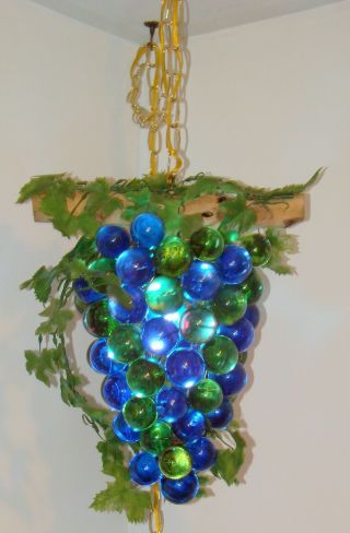 Vtg Large 60s Blue & Green Lucite Acrylic Grape Cluster Retro Swag Hanging Lamp 5