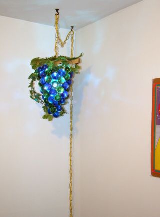 Vtg Large 60s Blue & Green Lucite Acrylic Grape Cluster Retro Swag Hanging Lamp 6