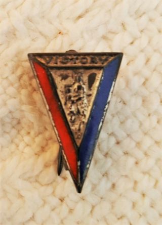 Wwii Era Military Sterling Silver V Is For Victory Pin Red Blue Enamel On Front.