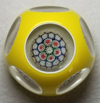 Vintage Murano Yellow Overlay Concentric Millefiori Faceted Paperweight.