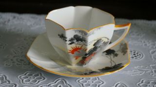 Vintage Shelley Bone China Sunset & Flowers Tea Cup & Saucer 11691,  England