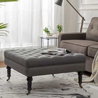 Simhoo Large Tufted Lined Ottoman Coffee Table With Casters,  Square Footstool