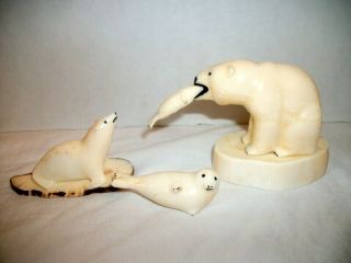 Rare Antique Carved Polar Bear,  Seals,  Ice Floes,  Siberian Yupik Alaska,  Signed