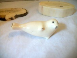 Rare Antique Carved Polar Bear,  Seals,  Ice Floes,  Siberian Yupik Alaska,  Signed 7