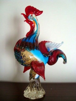 Large Murano Art Glass Cockerill Rooster Ruby Azure Colours Vintage