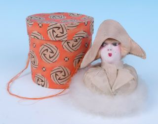 Antique French Art Deco Half Doll Swans Down Powder Puff W/ Box Figural Vanity
