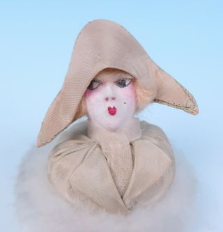 Antique French Art Deco Half Doll Swans Down Powder Puff w/ Box Figural Vanity 2