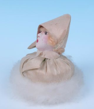 Antique French Art Deco Half Doll Swans Down Powder Puff w/ Box Figural Vanity 4