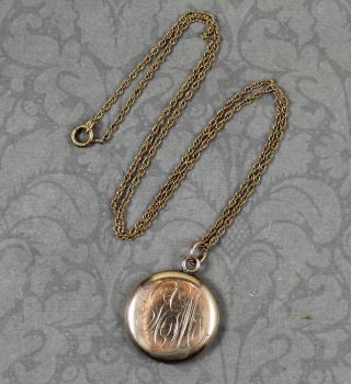 Vintage Engraved Monogrammed Round Gold Tone Locket Pendant With Chain Necklace