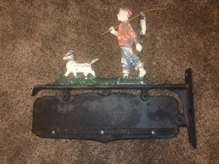 Vintage Antique Cast Aluminum Fishing Boy & His Dog Address Name Sign