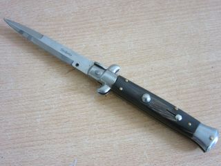 Vintage Italian Stiletto Lockback Knife,  Horn Grip Handle 8.  75 " Italy Stuck Open