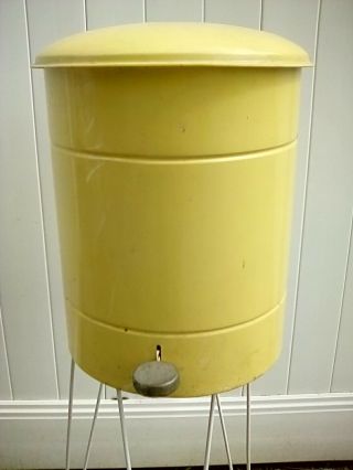 Vintage Cylinder Trash Can Waste Basket Flip Top Lid Pale Yellow