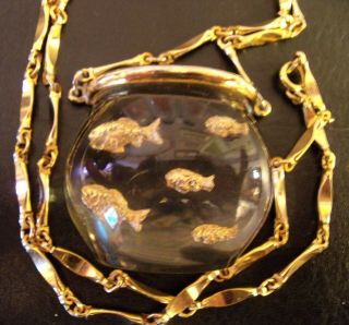 Rare Vintage Castlecliff Gold Fish Bowl Lucite Gold Tone 24 " Necklace Excel Cond