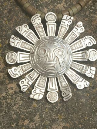 Rare Inca Inti Sun Deity Vintage Silver Aztec Mayan Mexican Pendant Necklace Old