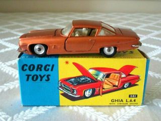 Vintage Corgi 241 - Ghia L.  6.  4 - W Chrysler V - 8 - Copper - White Int - W Box - N - Toy