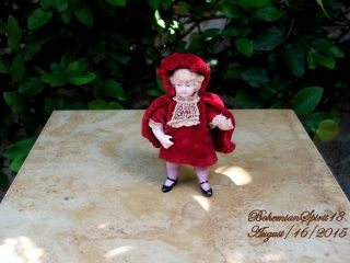 Antique Germany Bisque Girl Double Jointed Red Velvet Dress Miniature 4  Doll
