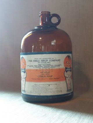 Vintage Antique The Smile Sirup Co Citrus Pulp Amber Glass Gal Jug St.  Louis,  Mo