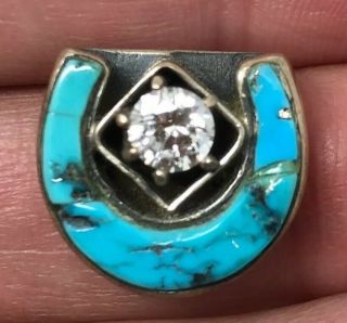Vintage Navajo Sterling Silver Turquoise Cz Horse Shoe Tie Tack Lapel Hat Pin