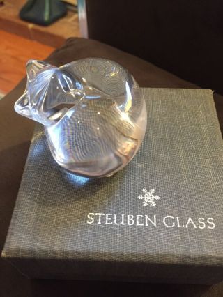 Vintage Steuben Crystal Glass Sleeping Cat Hand Cooler & Box