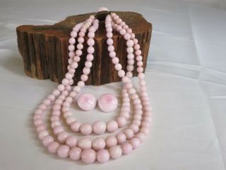 Made In France Depose Pink Poured Glass Necklace & Clip Earrings Set