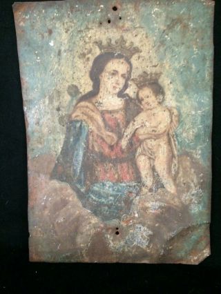 Vintage 19th Century Mexican Folk Art Tin Religious Madonna And Child