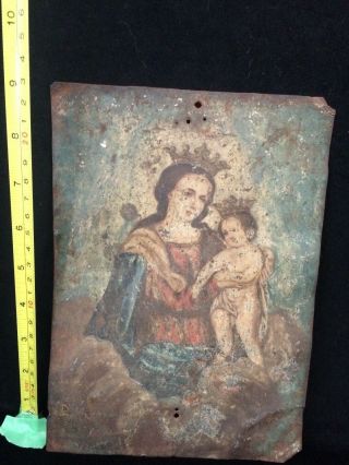 Vintage 19th Century Mexican Folk Art Tin Religious Madonna and Child 5