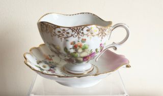 Vintage Meissen Dresden Porcelain Flowers & Gold Gilded Shell Shape Cup & Saucer