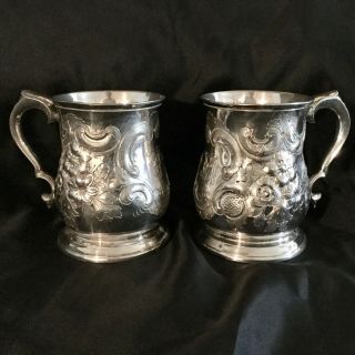 Antique Silver Plated Pair Mugs Hand Chased Repose Flowers Large Marked.
