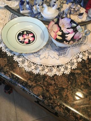 Vintage Paragon Black/mint Floral Cup And Saucer 97655x
