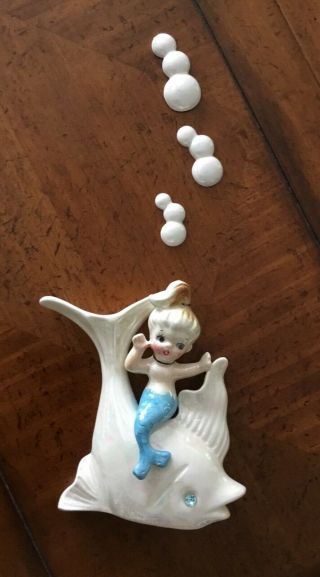 Vintage Lefton Norcrest Ceramic Mermaid On Opalescent Fish With 3 Bubbles