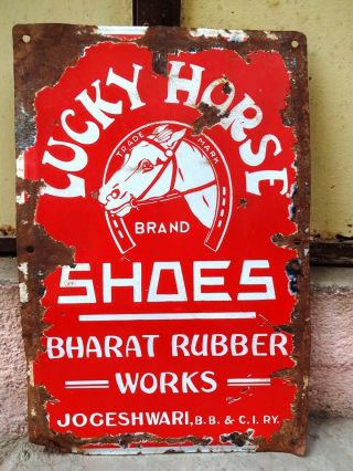 Vintage Porcelain Enamel Sign Lucky Horse Shoes Bharat Rubber Collectible